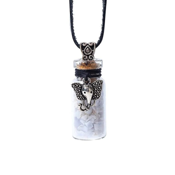 Bouteille cadeau en verre et cordon avec agate bleue en dentelle et Ganesha